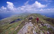 Walker at the summit of Ballyroon Mountain, Sheep's Head Way, Co Cork, Ireland.