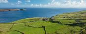 Green fields surround the hamlet of Ballynacallagh, Dursey Island, Beara Peninsula, County Cork, Ireland.
