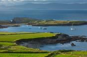 Yacht moored in Garinish Bay, Beara Peninsula, County Cork, Ireland.