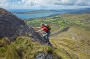 Hiker scrambling on the southwest ridge of Hungry Hill, Beara Peninsula, County Cork, Ireland.