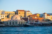 Hania seafront, including the Mosque of the Janissaries, Crete, Greece.