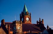 The Guildhall and Customs House clock towers, Derry, Co Derry, Ireland.