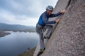Geoff Thomas near the crux of Classical Revival (HVS 4c,5a,4c), Lough Belshade, Bluestack Mountains, County Donegal, Ireland.