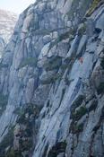 Kevin McGee climbing MichÃ©al (E1 5b) on West Buttress, Poisoned Glen, Derryveagh Mountains, County Donegal, Ireland.