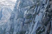 Kevin McGee climbing MichÃ©al (E1 5b) on West Buttress, Poisoned Glen, Derryveagh Mountains, County Donegal, Ireland.