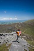 Walker beside the Mourne Wall on the slopes of Slieve Bearnagh, Mourne Mountains, Co Down, Northern Ireland.