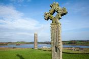 High cross and round tower, Devenish Island, Lower Lough Erne, County Fermanagh, Northern Ireland.