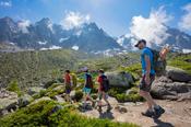 Family hiking on the Grand Balcon Nord, Chamonix Valley, French Alps, France.