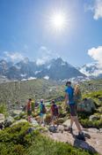 Family hiking on the Grand Balcon Nord, Chamonix Valley, French Alps, France.