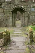 Carved Romanesque doorway of Church of the Saints, Inchagoill Island, Lough Corrib, County Galway, Ireland.