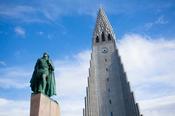 Hallgrimskirkja church and statue of Viking explorer Leif Erikson, Reykjavik, Iceland. image