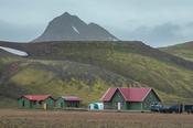 The FI mountain hut at Alftavatn, along the Laugavegur hiking trail. Central Highlands, Sudhurland, Iceland.