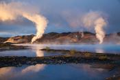 Sunset light over Bjarnarflag geothermal power station, Myvatn, Nordhurland Eystra, Iceland.