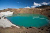 A turquoise pool fills Viti crater, Krafla volcanic area, Myvatn, Nordhurland Eystra, Iceland.