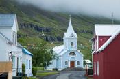 Traditional church in Seydisfjordur village, Austurland, Iceland. image