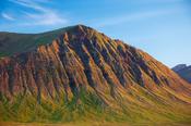 Erosion gullies define a mountain near Pingeyri, Westfjords, Iceland.