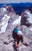 Climber on the via ferrata Sentiero Benini, Brenta Dolomites, Italian Alps, Italy.