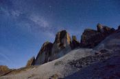 Night stars above Tre Cime di Lavaredo, Sexten Dolomites, South Tyrol, Italy.