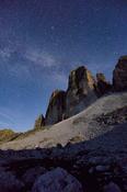 Night stars above Tre Cime di Lavaredo, Sexten Dolomites, South Tyrol, Italy.
