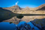 Carrauntoohil and Beenkeragh reflected in Lough Callee, Hag's Glen, MacGillycuddy's Reeks, County Kerry, Ireland.