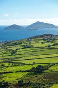 Scarriff and Deenish Islands beyond green fields, Caherdaniel, County Kerry, Ireland.