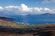 View over Dooega village to Clare Island, Achill Island, Co Mayo, Ireland.