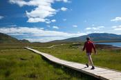 Hiker on a wooden walkway in Ballycroy National Park, County Mayo, Ireland. image