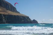 Sophie Mathews kitesurfing beneath Minaun Cliffs, Achill Island, County Mayo, Ireland.