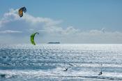 Francois Colussi and Sophie Mathews kitesurfing, Achill Island, County Mayo, Ireland.