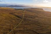 Aerial view of bog and road at Benwee Head, County Mayo, Ireland.