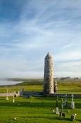 Morning mist over Temple Finghin and the River Shannon, Clonmacnoise, Co Offaly, Ireland. image