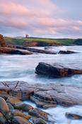 Classie Bawn Castle and Mullaghmore Head at sunset, Co Sligo, Ireland