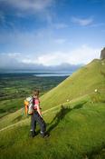 Walker ascending Benbulbin via the Kings Gully track, Co Sligo, Ireland.