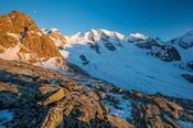 Evening light on Piz Trovat and Piz Palu, Berniner Alps, Graubunden, Switzerland.