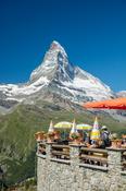 Buffet Bar Sunnegga beneath the Matterhorn, Zermatt, Valais, Switzerland.
