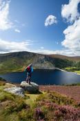 Walker admiring the view over Lough Tay, Wicklow Mountains, Co Wicklow, Ireland.