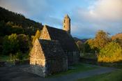 St Kevin's church and round tower, Glendalough monastic site, Co Wicklow, Ireland.