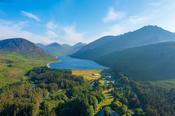 Aerial view of the Silent Valley, The Mourne Mountains, County Down, Ireland.