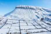 Winter snowfall on Benbulben, County Sligo, Ireland.