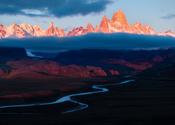 Drone image of the Fitzroy massif from above the Las Vueltas River, Patagonia. Argentina.