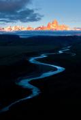 Drone image of the Fitzroy massif from above the Las Vueltas River, Patagonia, Argentina.