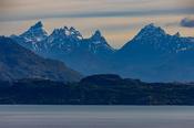Looking across Lago General Carerra to the peaks of the Sierra Avellanos, Aysen, Patagonia, Chile.
