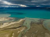 Sandbanks and the turquoise waters of Lago General Carerra, Aysen, Patagonia, Chile.