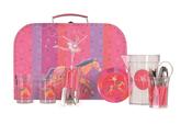 Dinner Set Circus Rider  - Beautiful Decorated case containing a carafe in plastic, 4 small assorted drinking glassed (in plastic) , 4 metal plates and 4 sets of cutlery. image