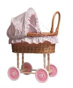 Wicker Pram with Flower Bedding.  This pram looks so chic with its flower bedding. Perfect to take a stroll with your teddy or your doll.  Age 3 years. image