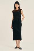 FAUX FUR DETAIL PORTRAIT DRESS W/ EMB