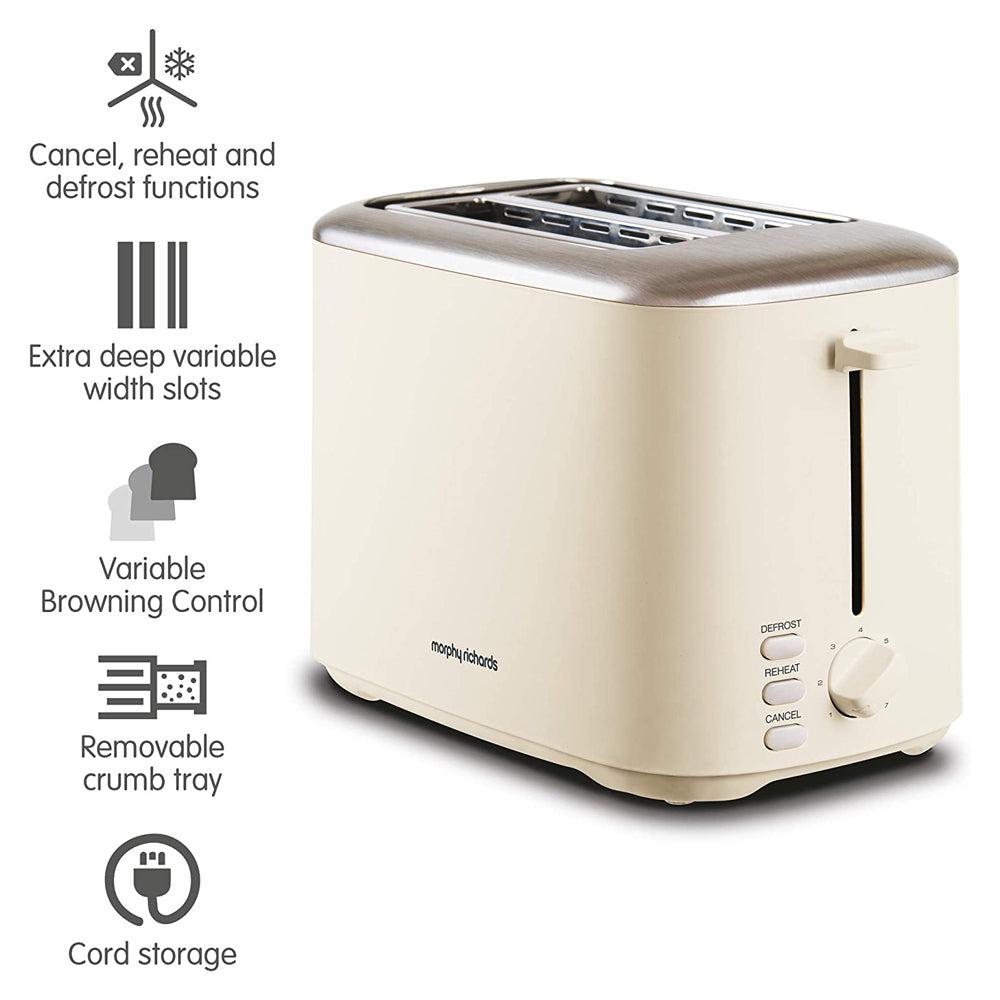 Morphy Richards 2 Slice Toaster Cream | Variable Browning, Width Slots, Reheat, Defrost, Cancel, Crumb Tray, Cord Storage