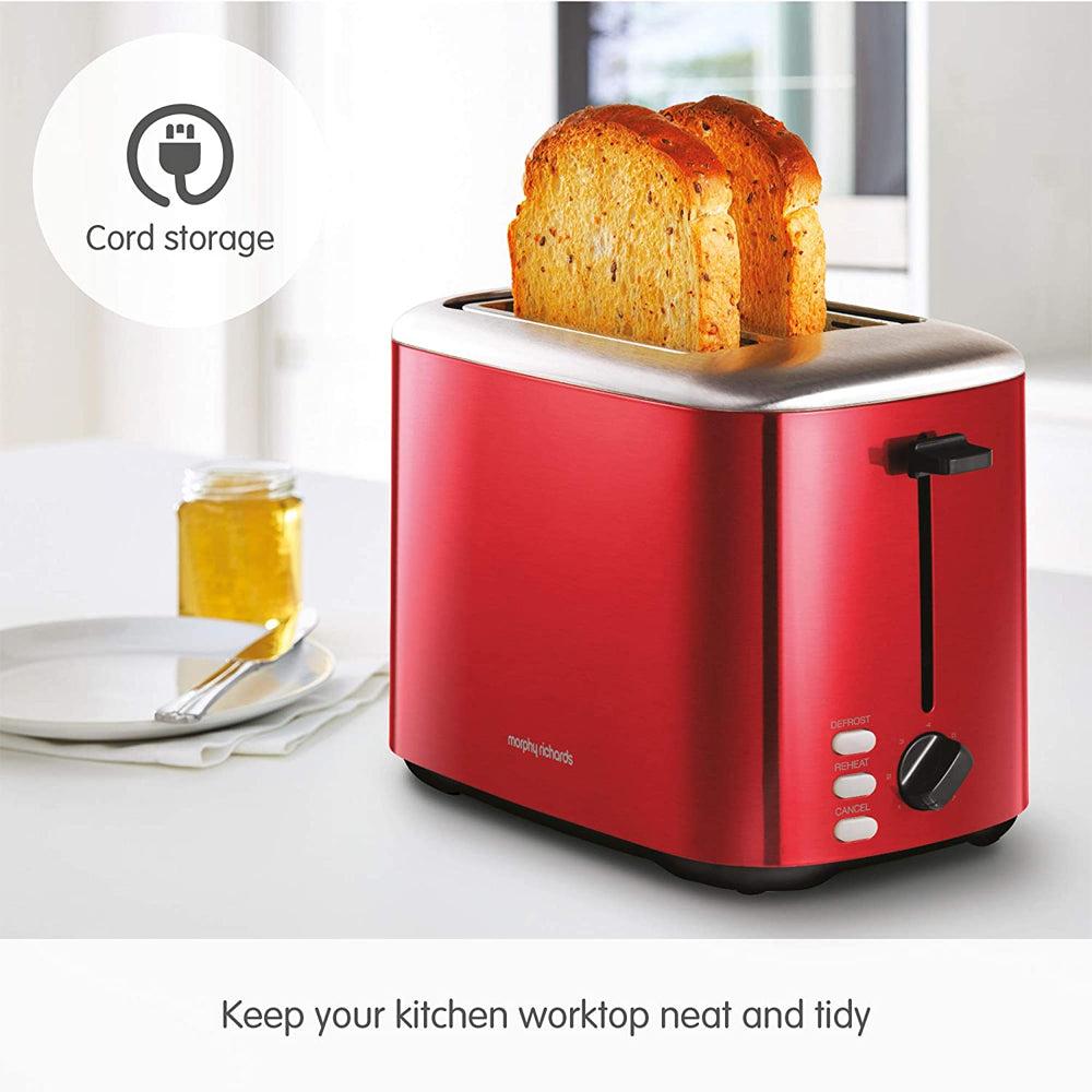 Morphy Richards Equip 2 Slice Toaster - Red | Cancel, Reheat, Defrost, Variable Browning, Width Slots, Crumb Tray, Cord Tidy