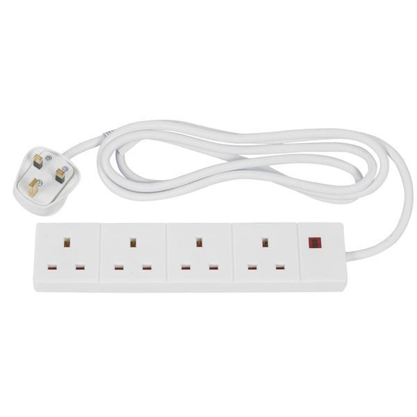 PowerMaster 4 Way Extension Lead 2 Metre with Neon Power Indicator, 13 AMP (250V AC) - White