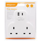 Kingavon 2 Way Plug Adaptor with USB A &amp; USB C Charge Sockets - White | PA080